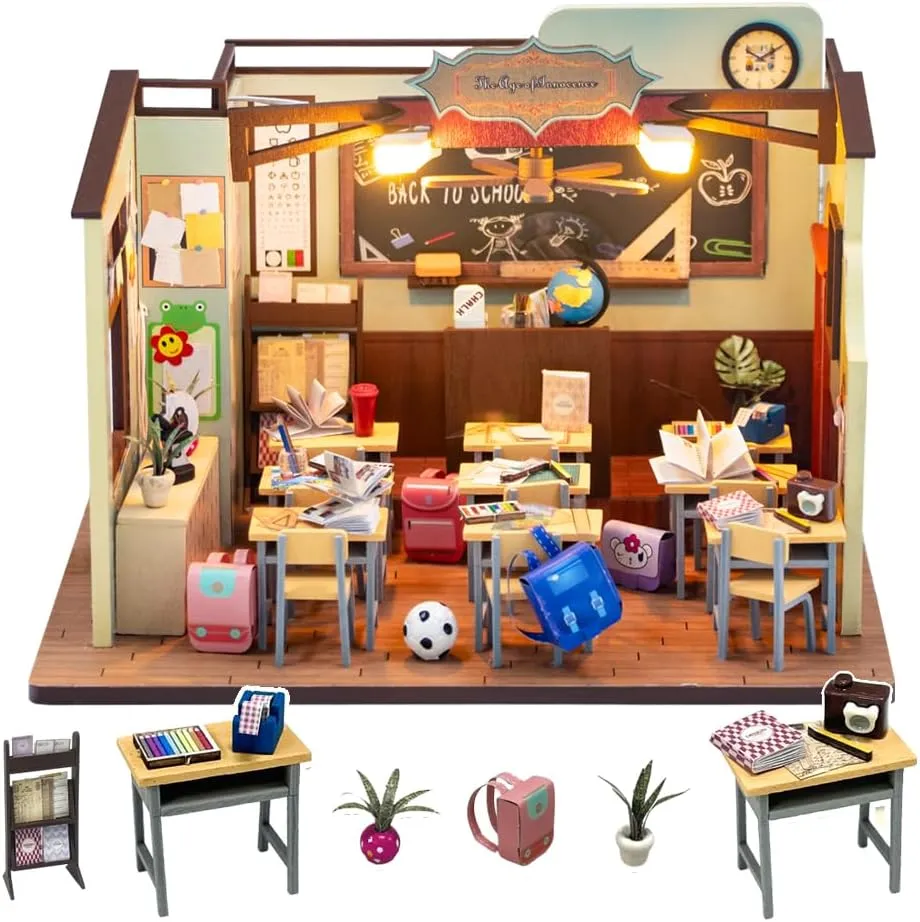 DIY Miniature Dollhouse Kit, Mini House Making Kit with Furnitures and Light, Tiny House Kit to Build for Adults, Hobby Craft Gift for Mothers Day, Schoolroom
