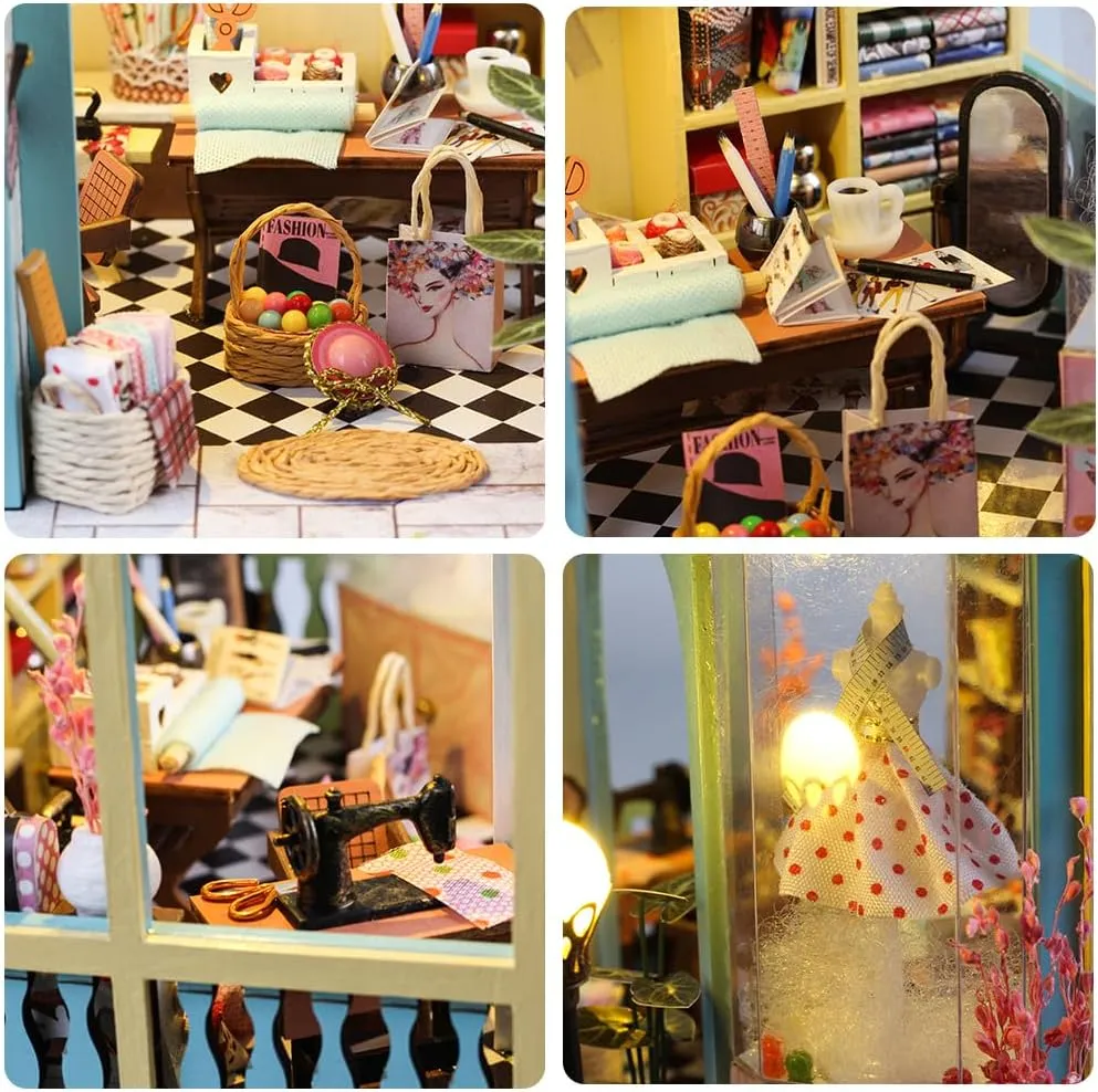 DIY Miniature Dollhouse Kit, Mini House Making Kit with Furnitures and Light, Tiny House Kit to Build for Adults, Hobby Craft Gift for Mothers Day, Tailor's Shop