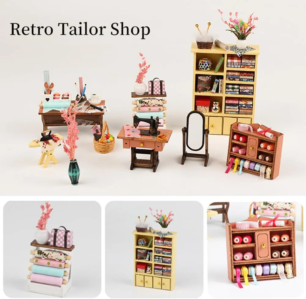 DIY Miniature Dollhouse Kit, Mini House Making Kit with Furnitures and Light, Tiny House Kit to Build for Adults, Hobby Craft Gift for Mothers Day, Tailor's Shop