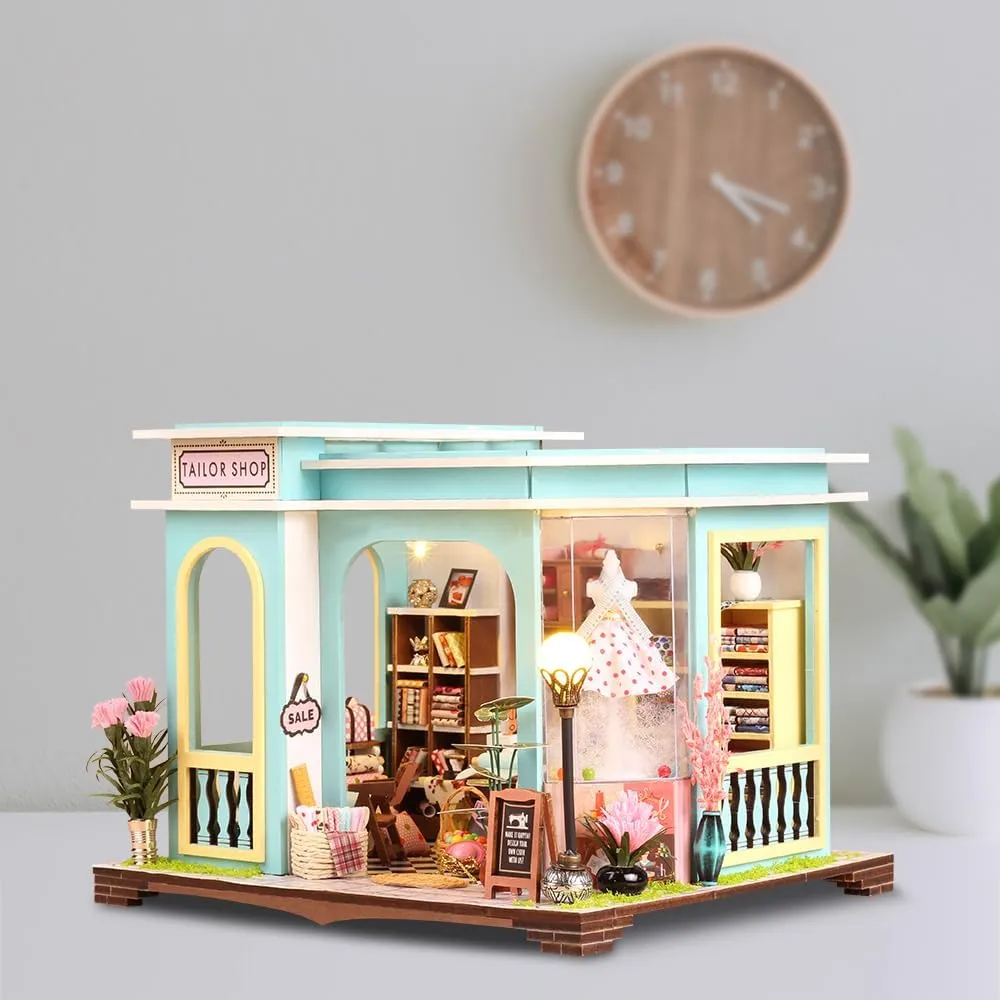 DIY Miniature Dollhouse Kit, Mini House Making Kit with Furnitures and Light, Tiny House Kit to Build for Adults, Hobby Craft Gift for Mothers Day, Tailor's Shop