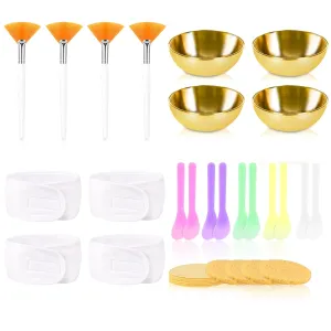 DLUGOPIS 34 Pcs Esthetician Facial Supplies Set: 4 Gold Bowls, 10 Mud Mask Applicators, 4 Cosmetic Brushes, 12 Compressed Sponges, 4 Facial Headbands for Unisex Face Cleansing