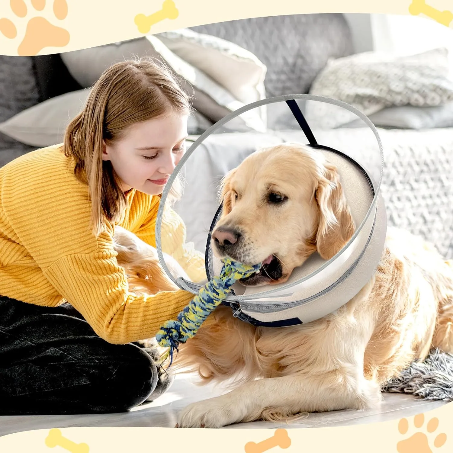 Dog Cone Collar with Enhanced Anti-Licking, Inflatable Dog Cone After Surgery, Adjustable Size with Soft Padding for Small Medium Large Dogs - Pale Yellow/L