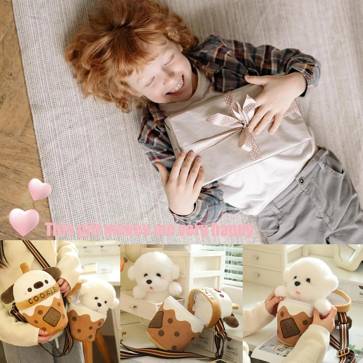 Dog Stuffed Animals，Dog Plush Cute Stuffed Plush Bubble Tea Food Milk Cup Plushie Stuffed Animal Backpack Cute Crossbody Bag with A Puppy Stuffed Animal (Size : 10IN)