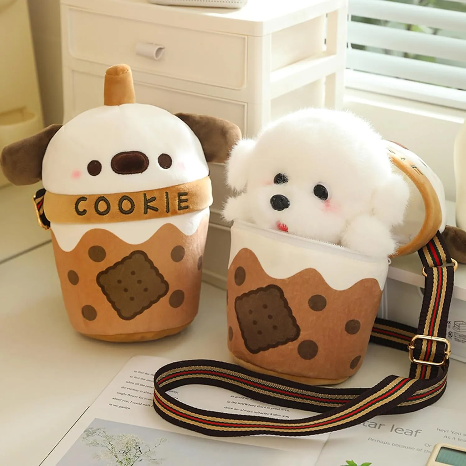 Dog Stuffed Animals，Dog Plush Cute Stuffed Plush Bubble Tea Food Milk Cup Plushie Stuffed Animal Backpack Cute Crossbody Bag with A Puppy Stuffed Animal (Size : 10IN)