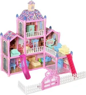 Doll House,3-Story 8 Rooms Kids Play Dollhouse Playset with 4 Dolls Furniture & Accessories,Pink Castle Dollhouse Toy for 3 4 5 6 7 8  Kids Girls Toys