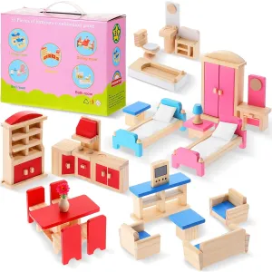 Dollhouse Furniture Wooden Dollhouse Furniture Set Dollhouse Accessories Colorful Playhouse Furniture Miniature Dollhouse Bathroom Living Room Dining Room Bedroom Kitchen 5 Room