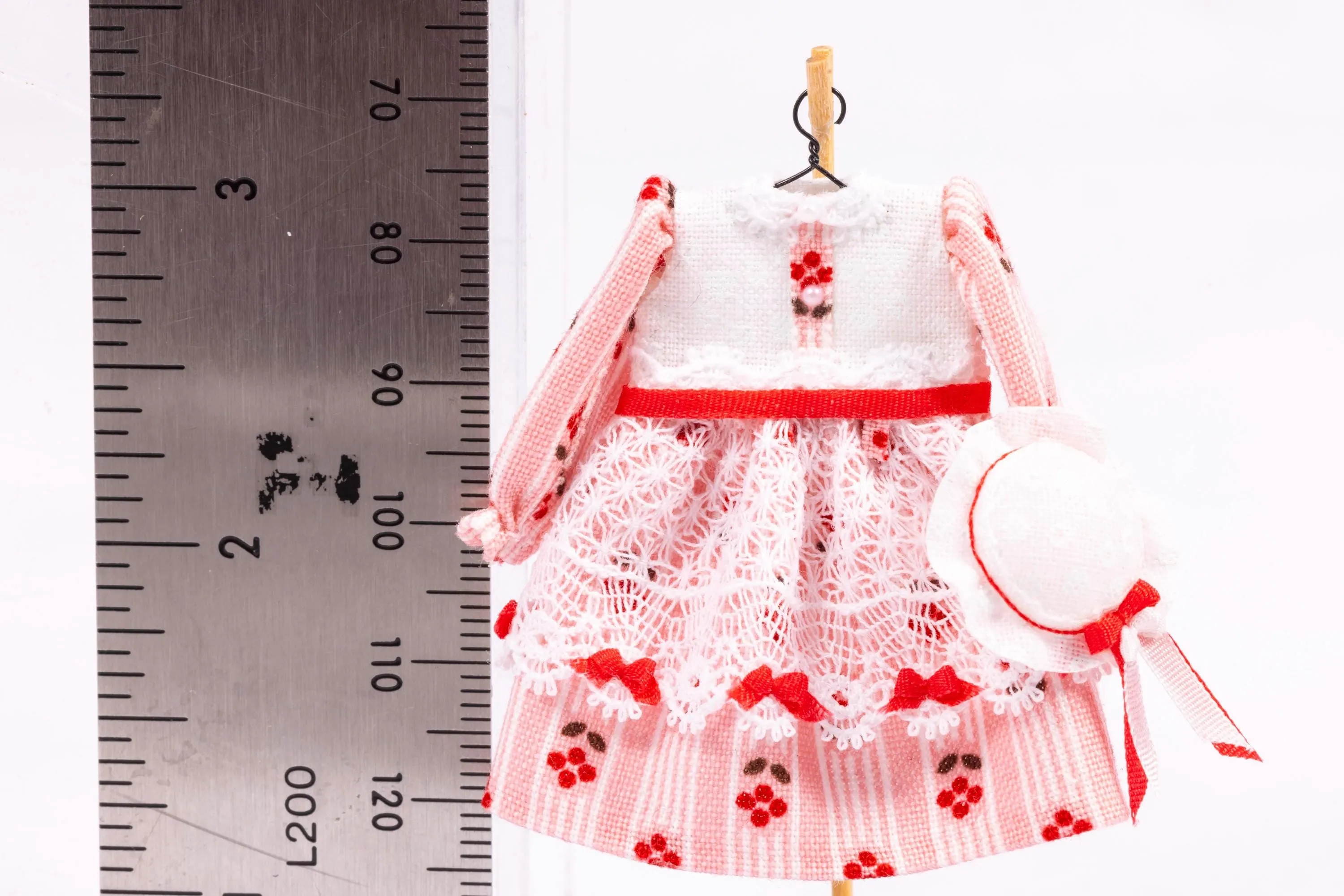 Dollhouse Miniature ~ Bright Pink and Floral Long Sleeve Girl's Dress & Hat on Wooden Clothes Stand by Cheryl Warder Artisan Made