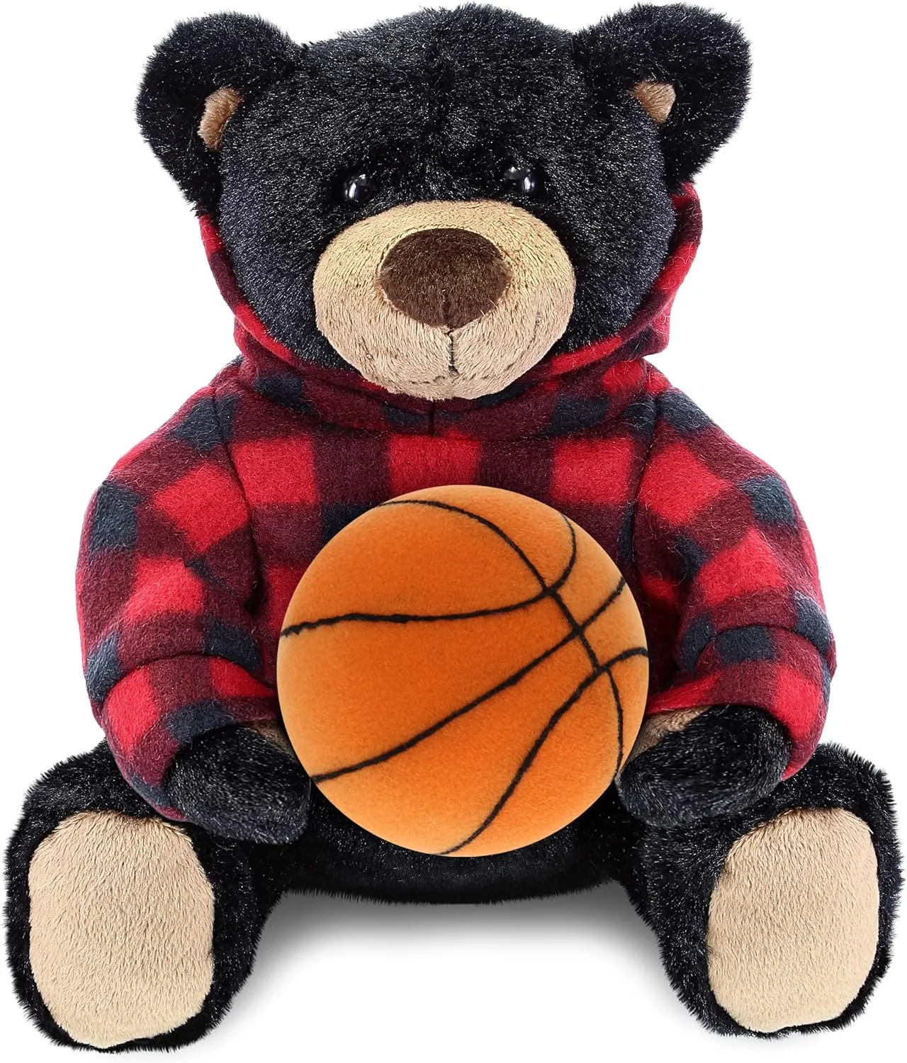 DolliBu Black Bear Stuffed Animal with Basketball Plush – Super Soft Huggable Bear with Red Plaid Hoodie, Personalized Basketball Plush Animal for Kids and Adults - 10 Inch