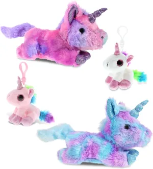 DolliBu Unicorn Plush and Keychains Set of 4-2 Soft Huggable Lying Unicorn Stuffed Animal Plush for Girls and 2 Keychains, Cute Animal Cuddle Gifts for Kids and Adults