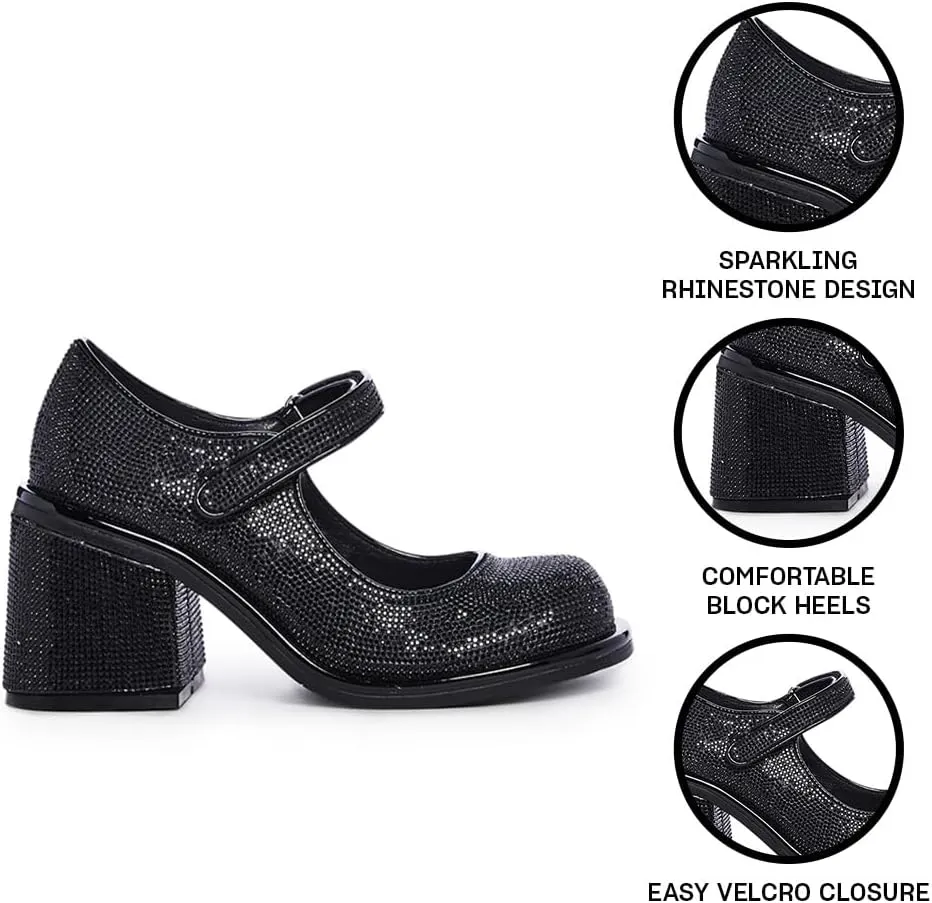 Dolls Kill Desire Me Rhinestone Mary Janes by Sugar Thrillz – Pumps with Sparkling Rhinestones, Block Heels, and Hook-and-Loop Closure, Perfect for Parties and Nights Out