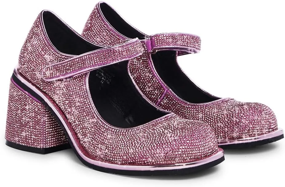 Dolls Kill Desire Me Rhinestone Mary Janes by Sugar Thrillz – Pumps with Sparkling Rhinestones, Block Heels, and Hook-and-Loop Closure, Perfect for Parties and Nights Out