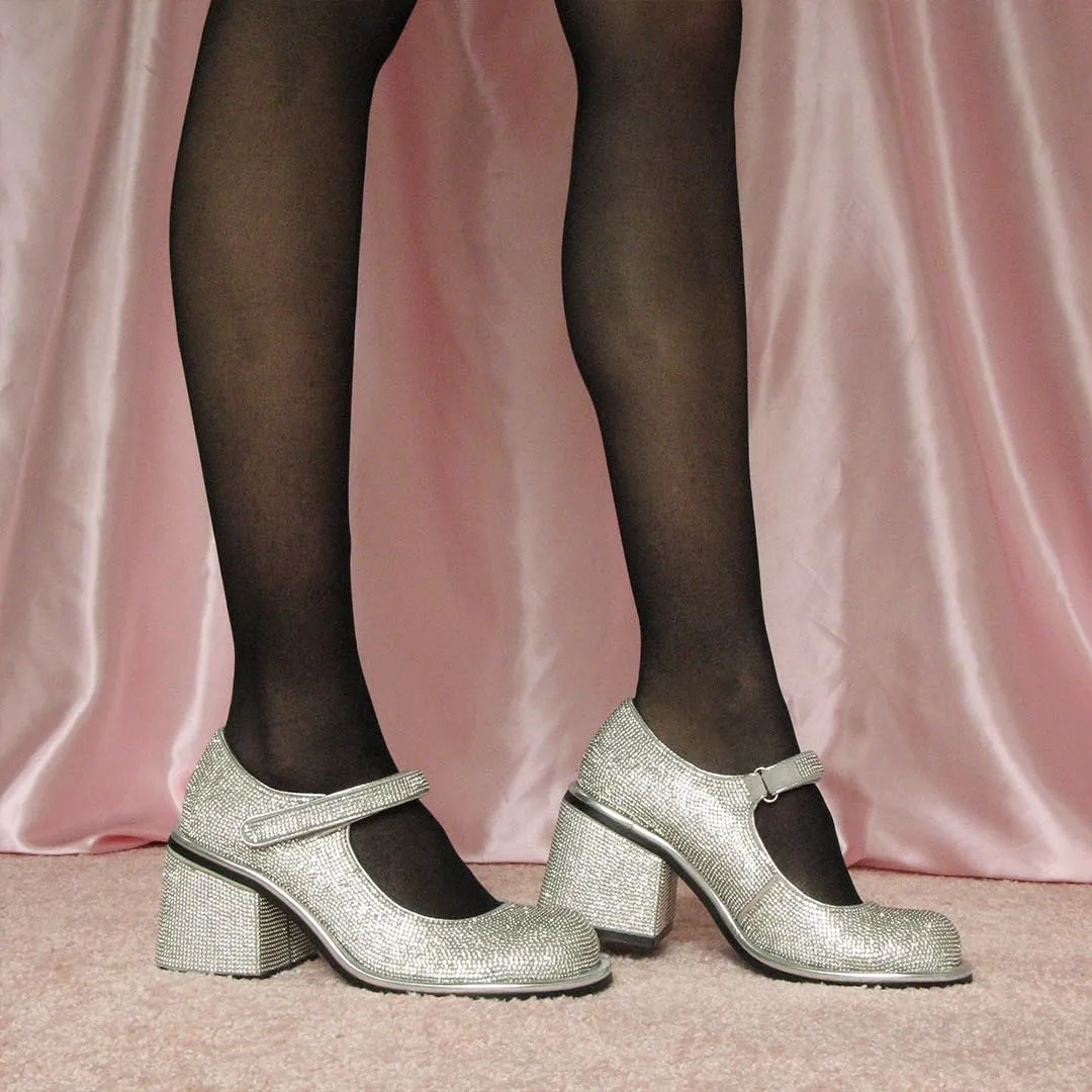 Dolls Kill Desire Me Rhinestone Mary Janes by Sugar Thrillz – Pumps with Sparkling Rhinestones, Block Heels, and Hook-and-Loop Closure, Perfect for Parties and Nights Out