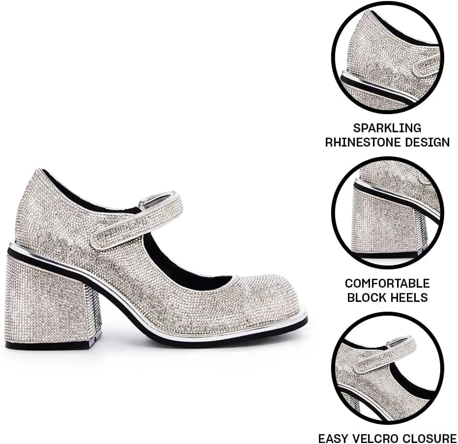 Dolls Kill Desire Me Rhinestone Mary Janes by Sugar Thrillz – Pumps with Sparkling Rhinestones, Block Heels, and Hook-and-Loop Closure, Perfect for Parties and Nights Out