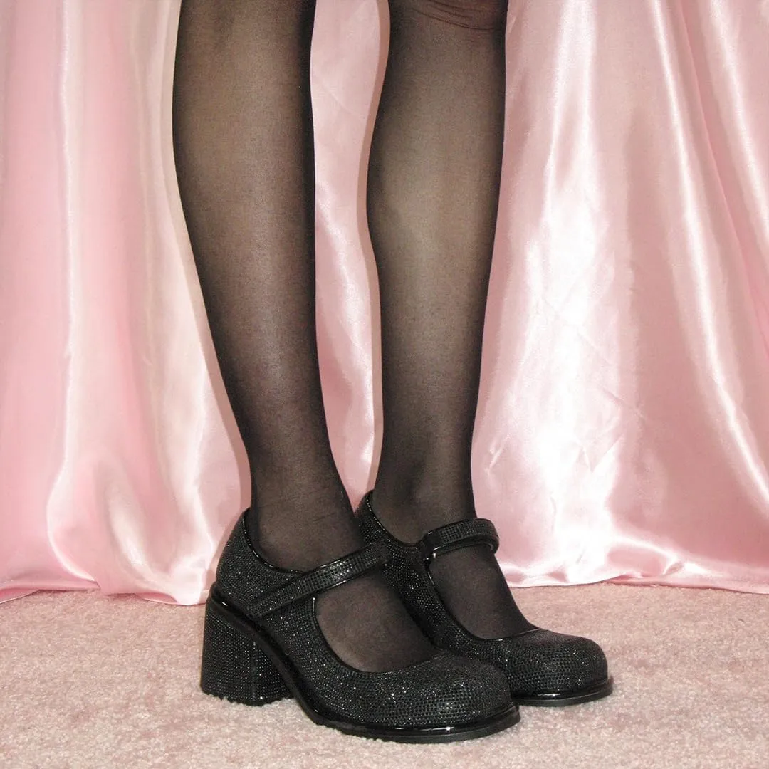 Dolls Kill Desire Me Rhinestone Mary Janes by Sugar Thrillz – Pumps with Sparkling Rhinestones, Block Heels, and Hook-and-Loop Closure, Perfect for Parties and Nights Out