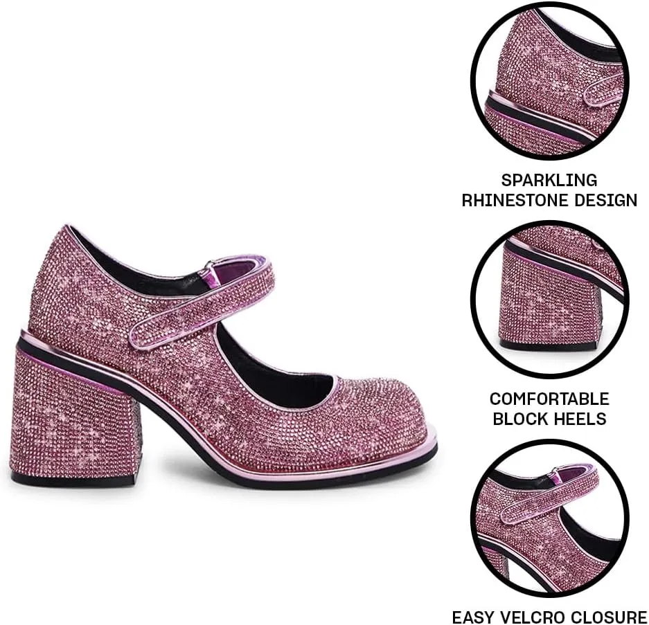 Dolls Kill Desire Me Rhinestone Mary Janes by Sugar Thrillz – Pumps with Sparkling Rhinestones, Block Heels, and Hook-and-Loop Closure, Perfect for Parties and Nights Out