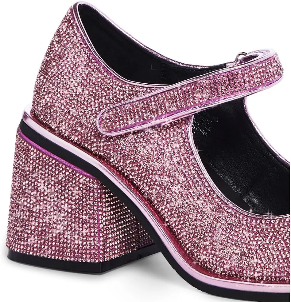 Dolls Kill Desire Me Rhinestone Mary Janes by Sugar Thrillz – Pumps with Sparkling Rhinestones, Block Heels, and Hook-and-Loop Closure, Perfect for Parties and Nights Out