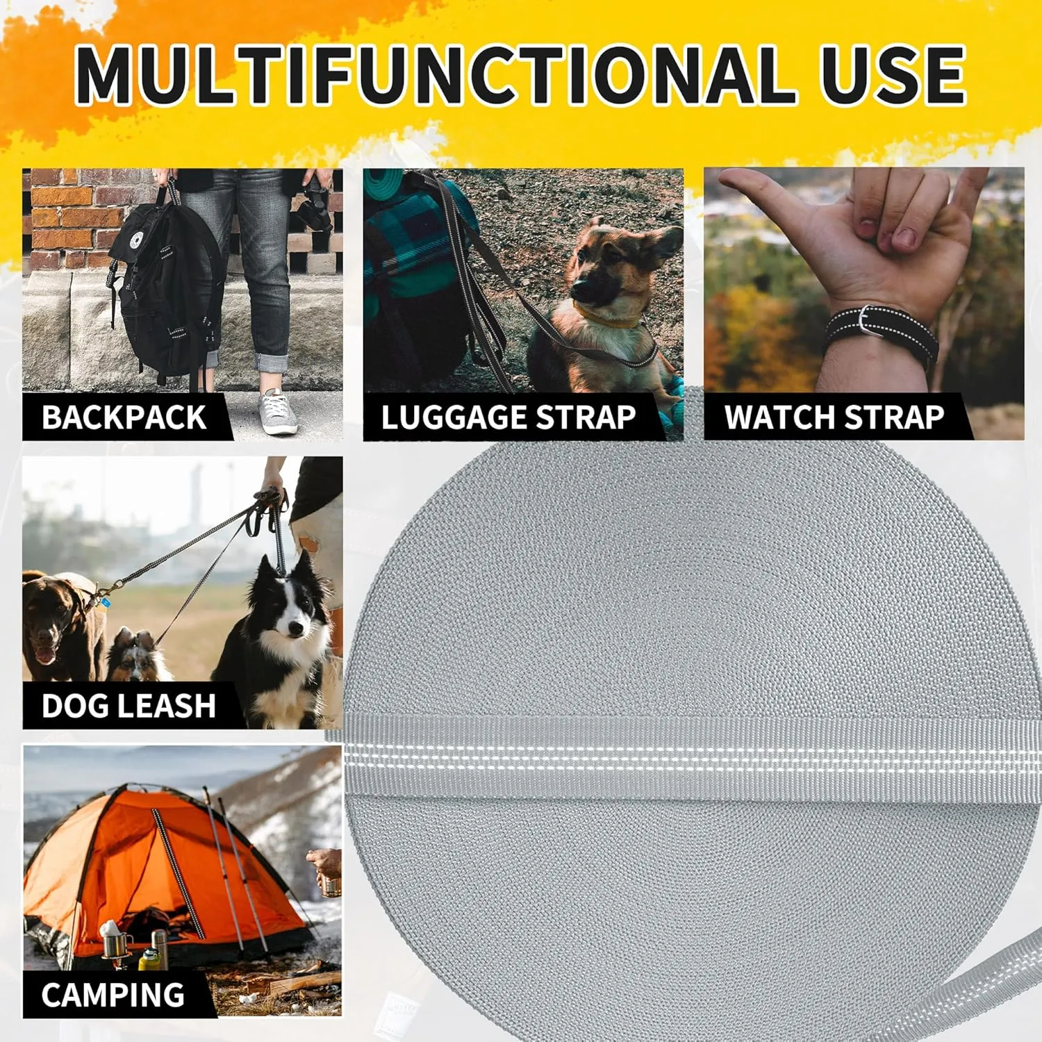 Double-Sided Reflection Polypropylene Webbing Strap 5 Colors 1"– 25Yards Heavy Duty Webbing Roll, Flat Webbing for Night Safe Reminder Indoor&Outdoor Gear, Climbing, DIY Crafting, Repairing
