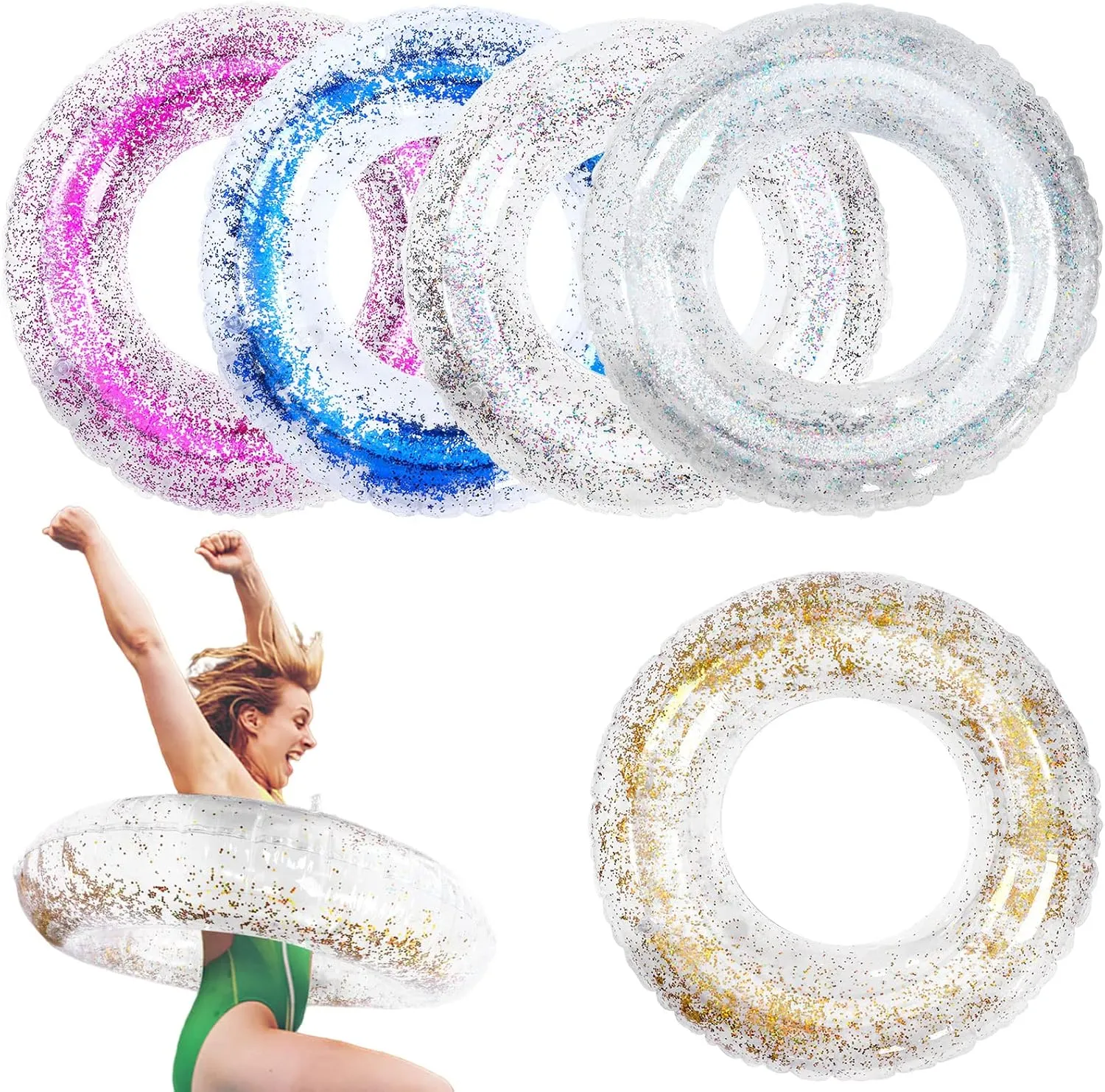 Droutti 5 Pcs 33 Inch Inflatable Pool Float Swimming Rings Confetti Glitter Inner Tubes Transparent Swimming Ring for Kids Adults Pool Beach Vacation Party Supplies