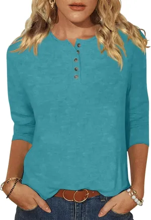EADINVE Womens Crew Neck 3/4 Sleeve Tops Basic Button T-Shirts Solid Loose Cute Tunic Tee Blouses Fit Pullover