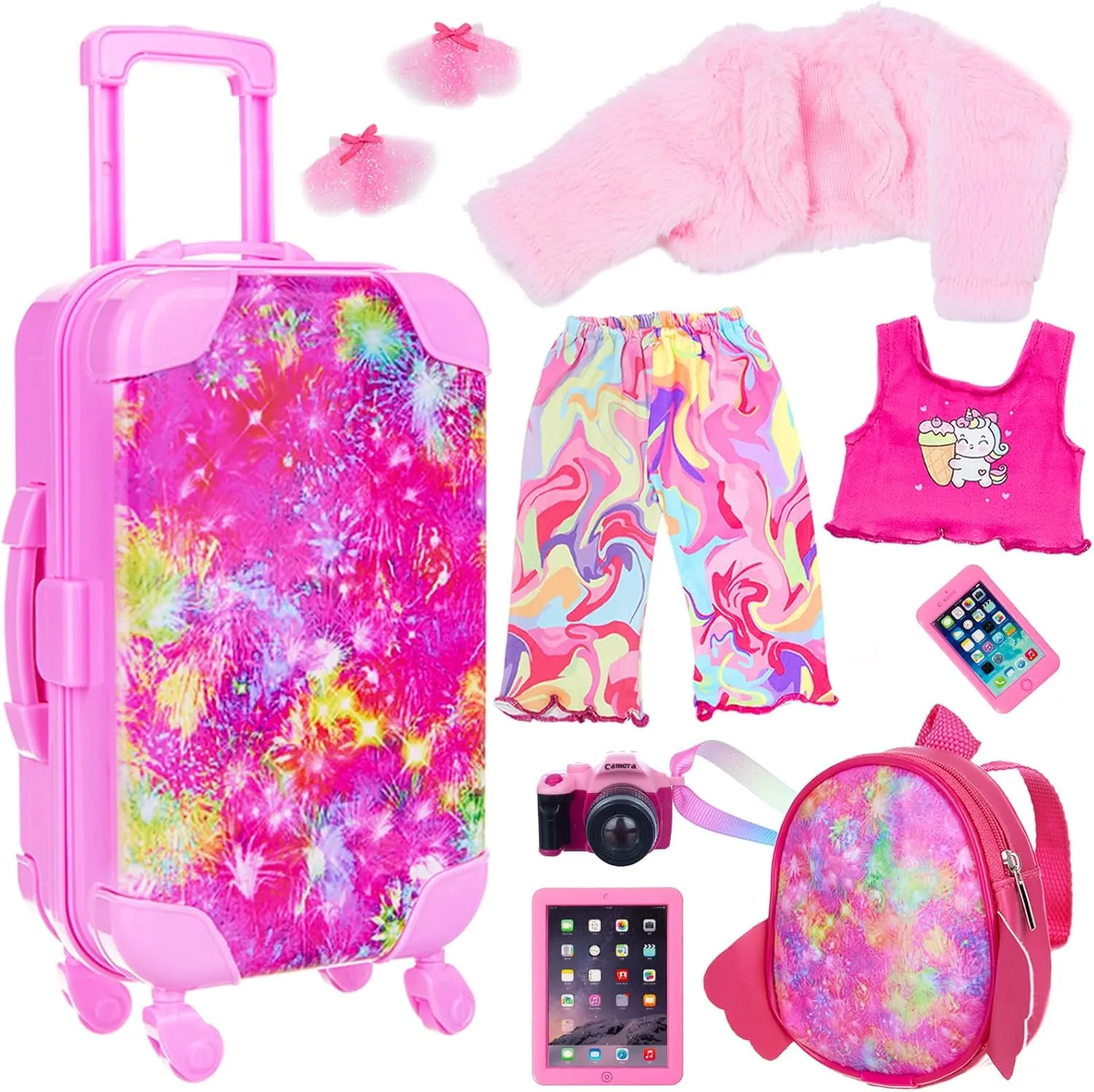 Ecore Fun American 18 Inch Doll Clothes & Accessories Suitcase Set, 10 Pcs Travel Play Set with Backpack, Clothes, Hair Clips, Camera, Phone for 18 Inch Dolls