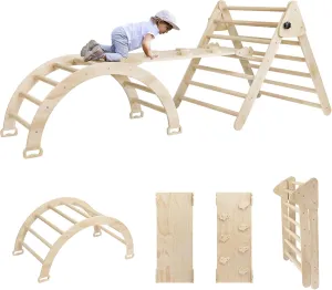 EDOSTORY 5 in 1 Pikler Triangle Set, Indoor Playground and Gym for Kids, Montessori Foldable Wooden Climbing Triangle Ladder Set with Slide and Climbing Ramp, Gift for Boys Girls(Natrual)