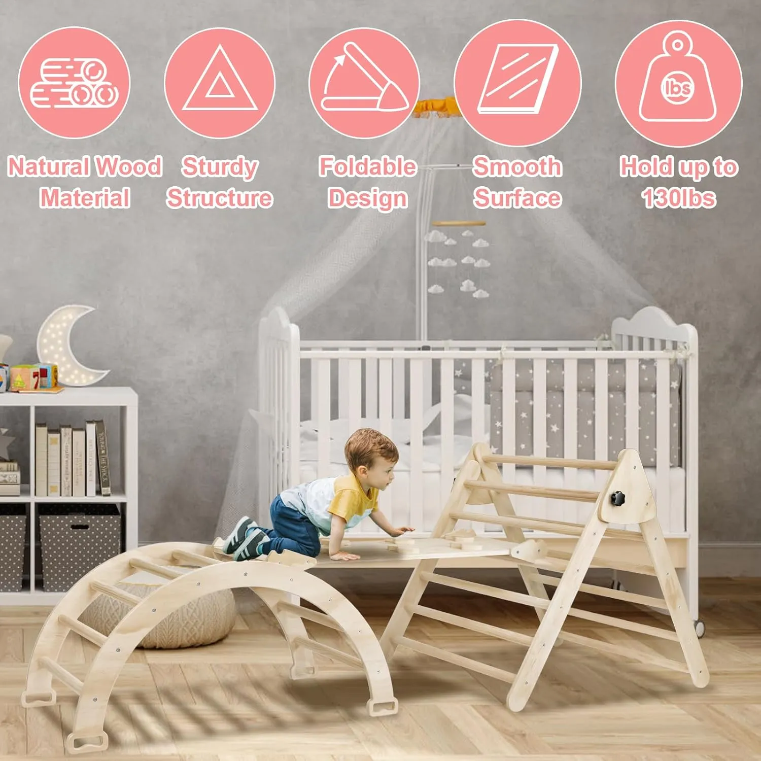 EDOSTORY 5 in 1 Pikler Triangle Set, Indoor Playground and Gym for Kids, Montessori Foldable Wooden Climbing Triangle Ladder Set with Slide and Climbing Ramp, Gift for Boys Girls(Natrual)
