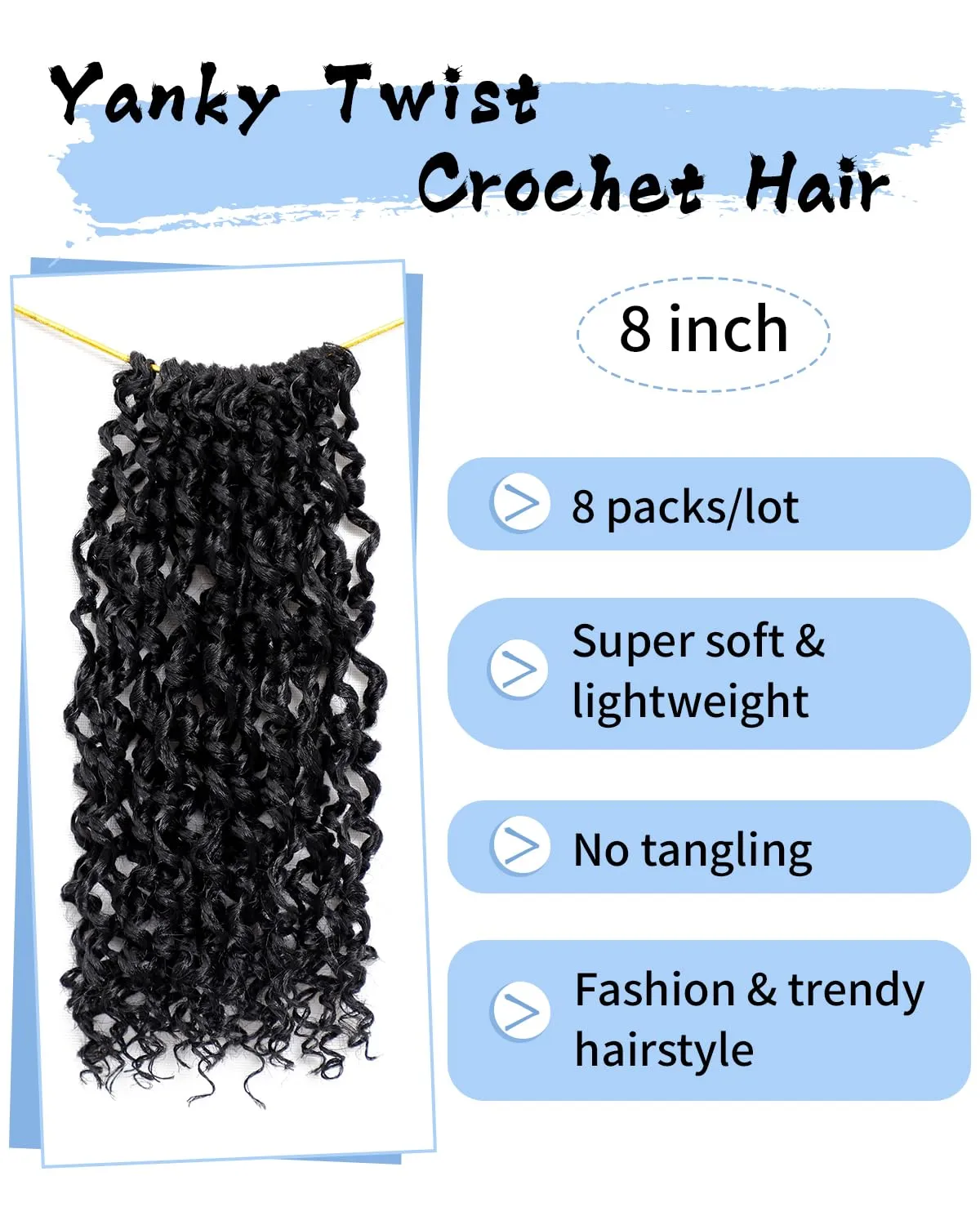 Eerya 8 Inch Yanky Twist Crochet Hair for Women 8 Packs Fluffy Prelooped Senegalese Spring Mini Yankee Yaki Twists Crochet Braids Synthetic Braiding Hair Extensions (8 inch, 1B)