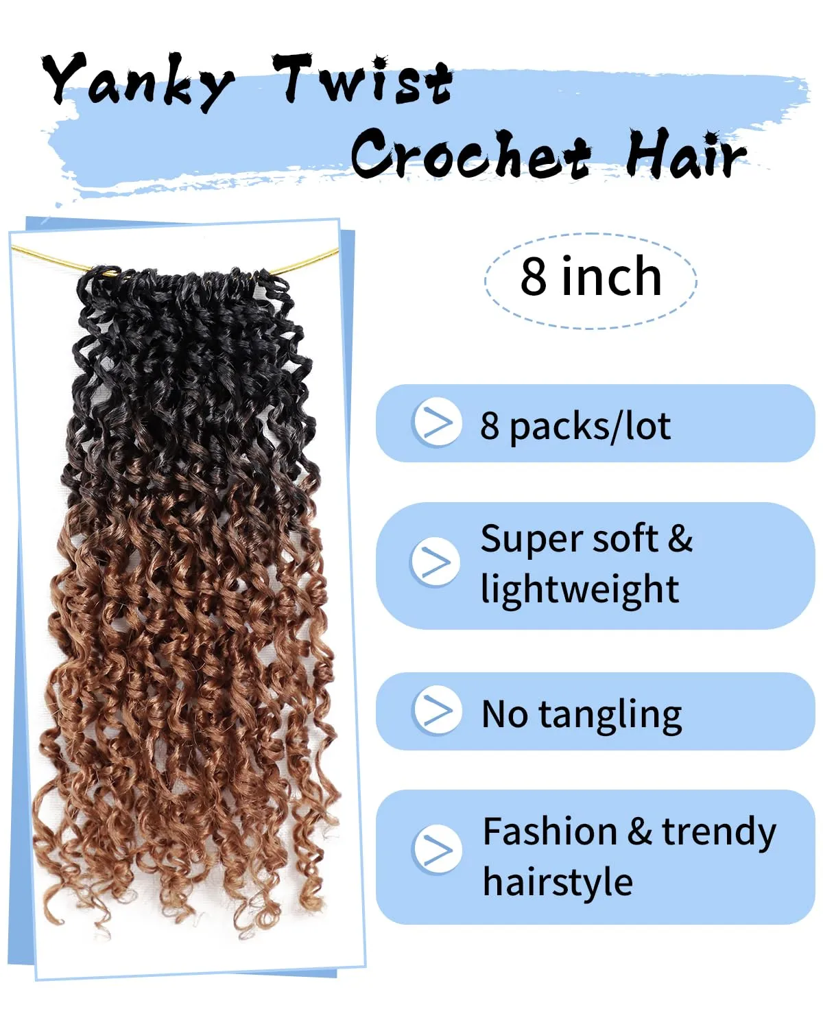Eerya 8 Inch Yanky Twist Crochet Hair for Women 8 Packs Fluffy Prelooped Senegalese Spring Mini Yankee Yaki Twists Crochet Braids Synthetic Braiding Hair Extensions (8 inch, OT30)