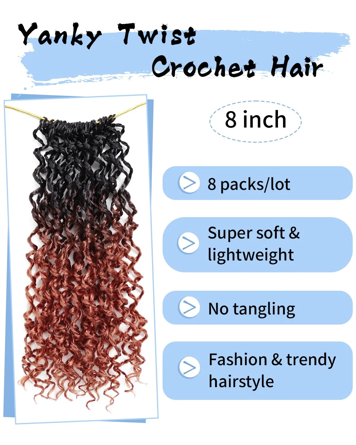 Eerya 8 Inch Yanky Twist Crochet Hair for Women 8 Packs Fluffy Prelooped Senegalese Spring Mini Yankee Yaki Twists Crochet Braids Synthetic Braiding Hair Extensions (8 inch, OT350)