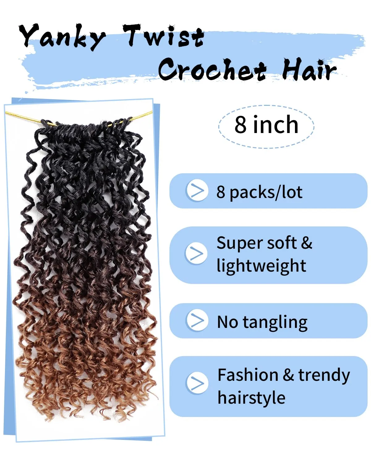Eerya 8 Inch Yanky Twist Crochet Hair for Women 8 Packs Fluffy Prelooped Senegalese Spring Mini Yankee Yaki Twists Crochet Braids Synthetic Braiding Hair Extensions (8 inch, T1B/4/30)
