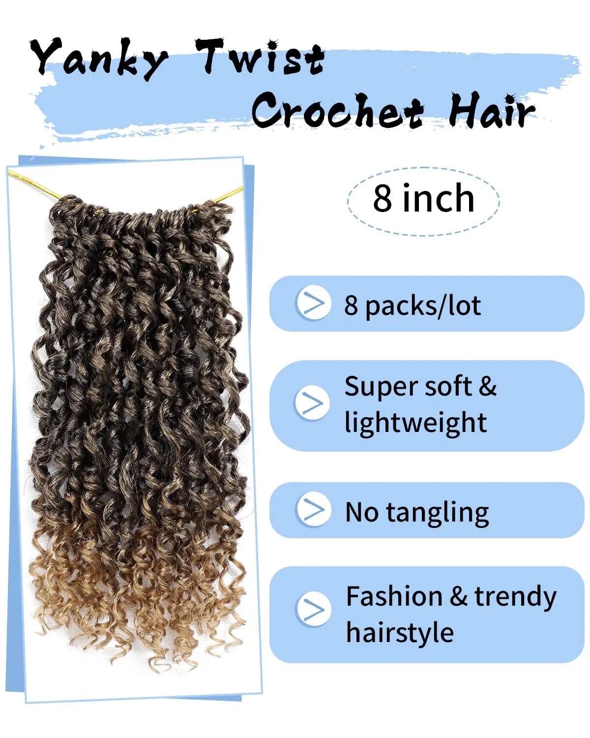 Eerya 8 Inch Yanky Twist Crochet Hair for Women 8 Packs Fluffy Prelooped Senegalese Spring Mini Yankee Yaki Twists Crochet Braids Synthetic Braiding Hair Extensions (8 inch, T27)
