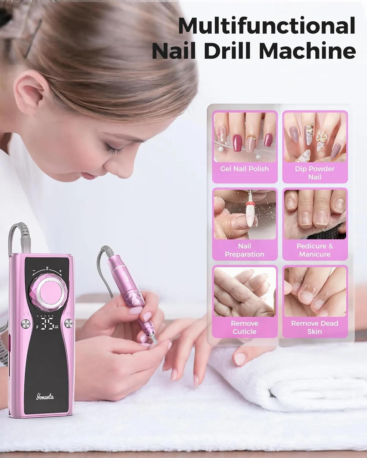 Electric Nail Drill Professional Kit: 35,000 RPM USB Rechargeable Efile Nail Drill Nail File with 12 Bits for Polishing Gel/Acrylic Nails- Portable Manicure Tool Set for Salon/Home-Rose Gold
