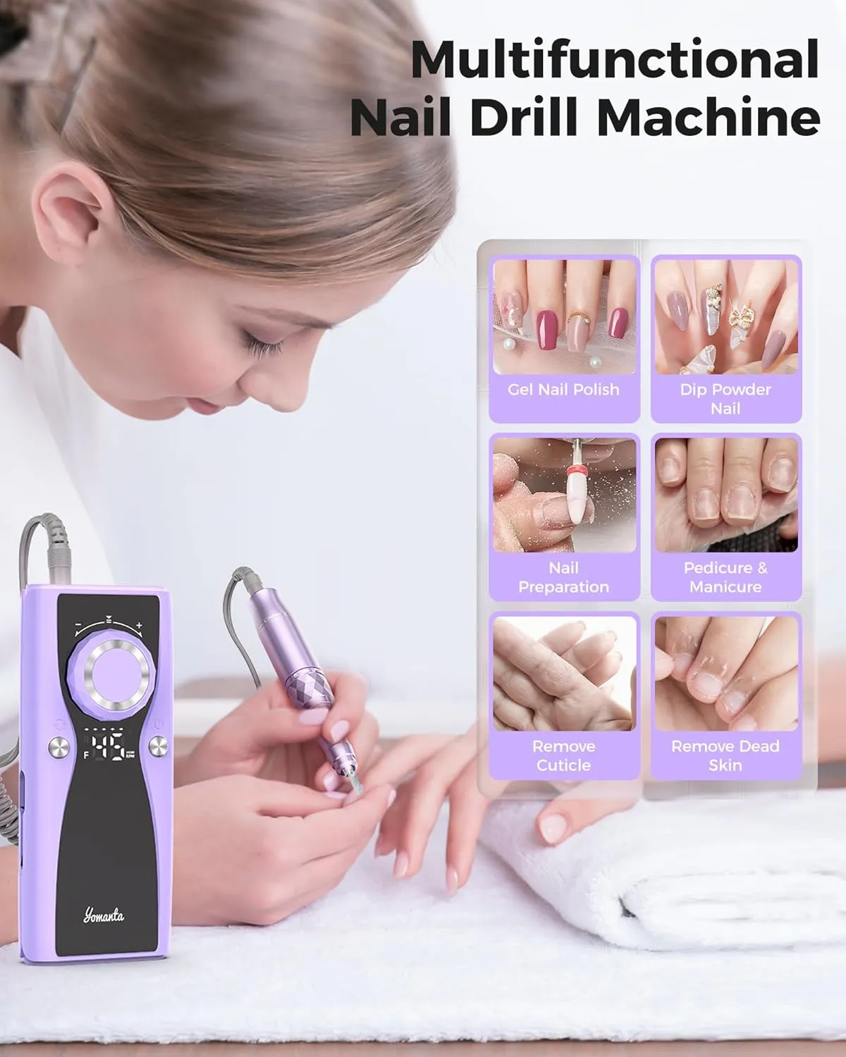 Electric Nail Drill Professional Kit: 45,000 RPM USB Rechargeable Efile Nail Drill Nail File with 12 Bits for Polishing Gel/Acrylic Nails- Portable Manicure Tool Set for Salon/Home-Light Purple