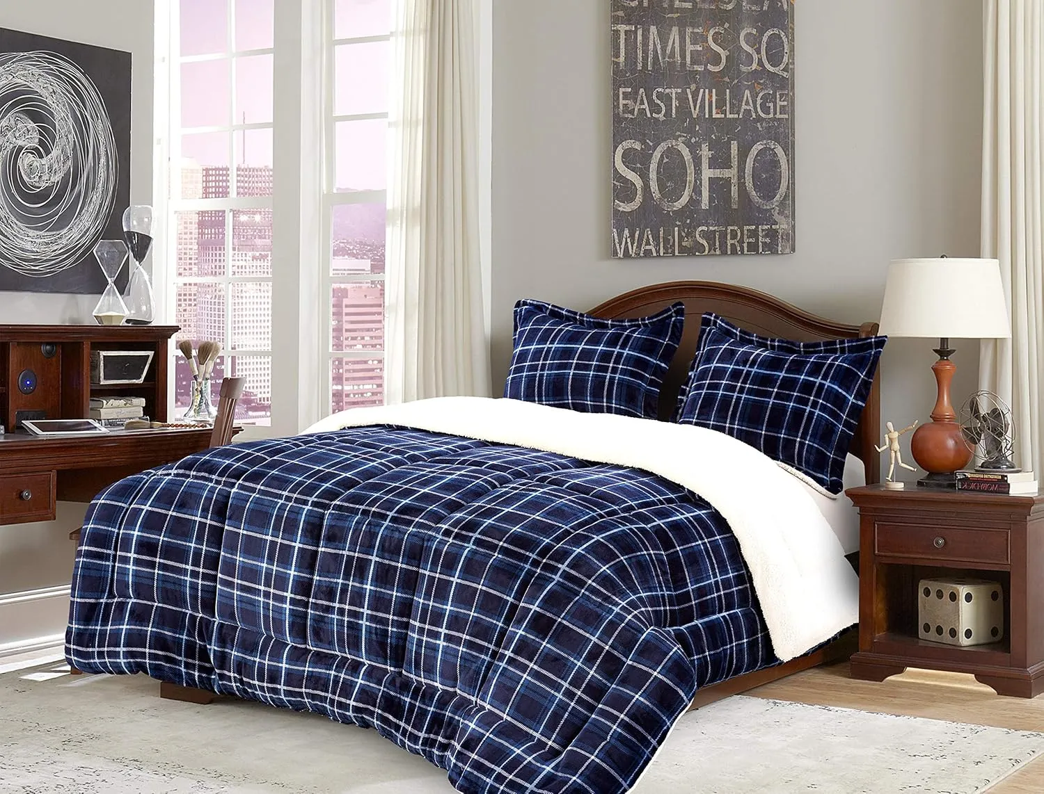 Elegant Comfort Softest, Coziest Heavy Weight Plaid Pattern Micromink Sherpa-Backing Premium Quality Down Down Alternative Micro-Suede 2-Piece Reversible Comforter Set, Twin/Twin XL, Navy Blue