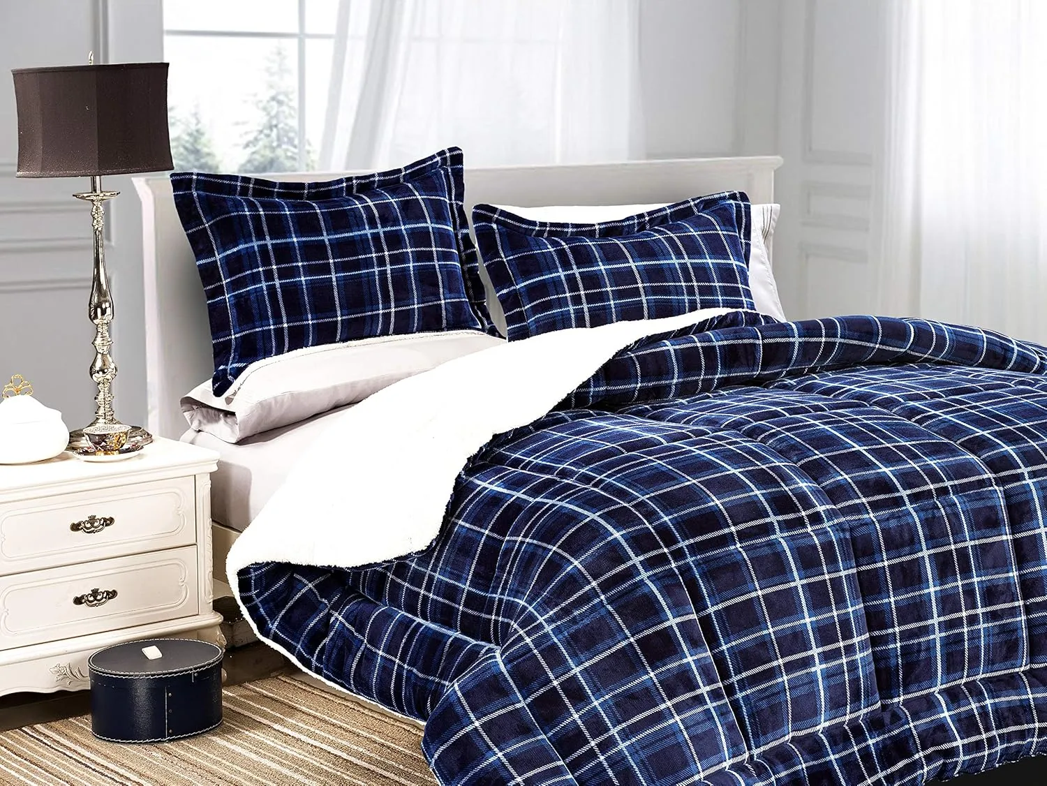 Elegant Comfort Softest, Coziest Heavy Weight Plaid Pattern Micromink Sherpa-Backing Premium Quality Down Down Alternative Micro-Suede 2-Piece Reversible Comforter Set, Twin/Twin XL, Navy Blue