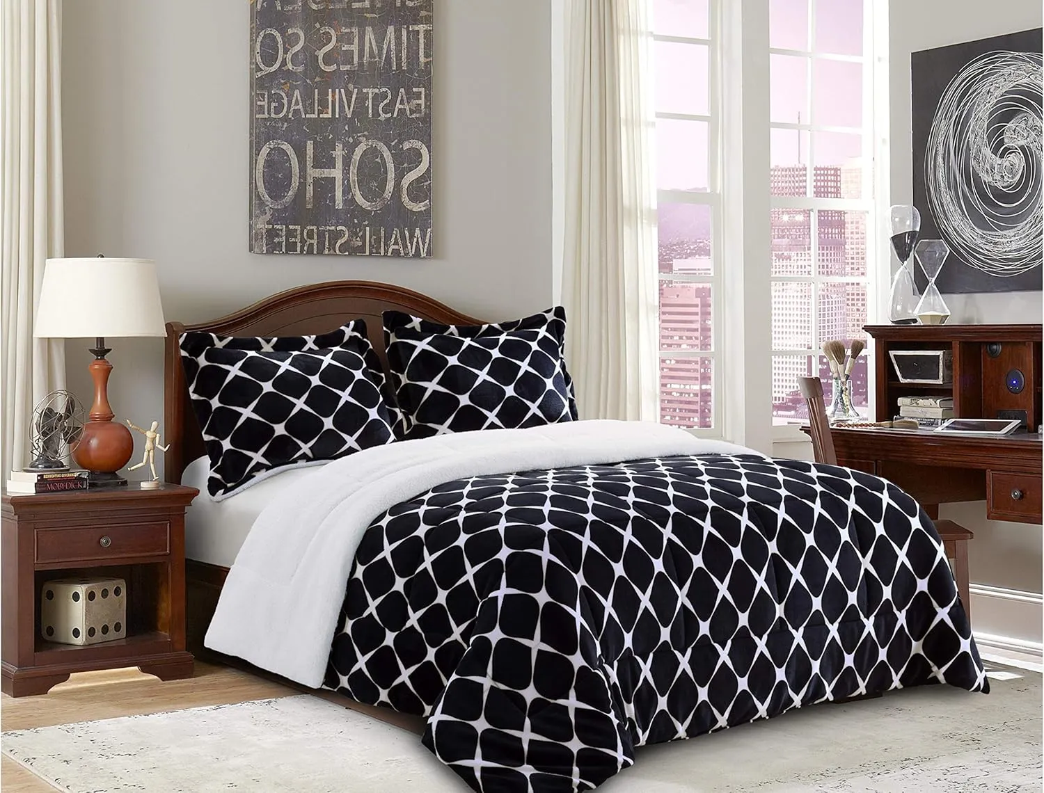 Elegant Comfort Softest, Coziest Premium Quality Heavy Weight Bloomingdale Pattern Micromink Sherpa-Backing Reversible Down Alternative Micro-Suede 3-Piece Comforter Set, King, Black