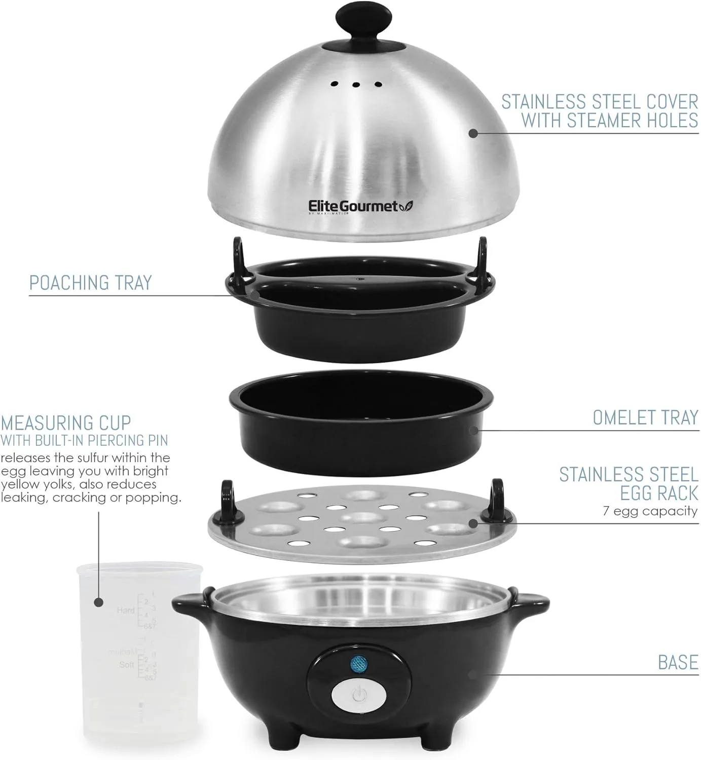 Elite Gourmet EGC-508 Rapid Egg Cooker, 7 Easy-To-Peel, Hard, Medium, Soft Boiled Eggs, Poacher, Omelet Maker, Auto Shut-Off, Alarm, 16-Recipe Booklet, Stainless Steel