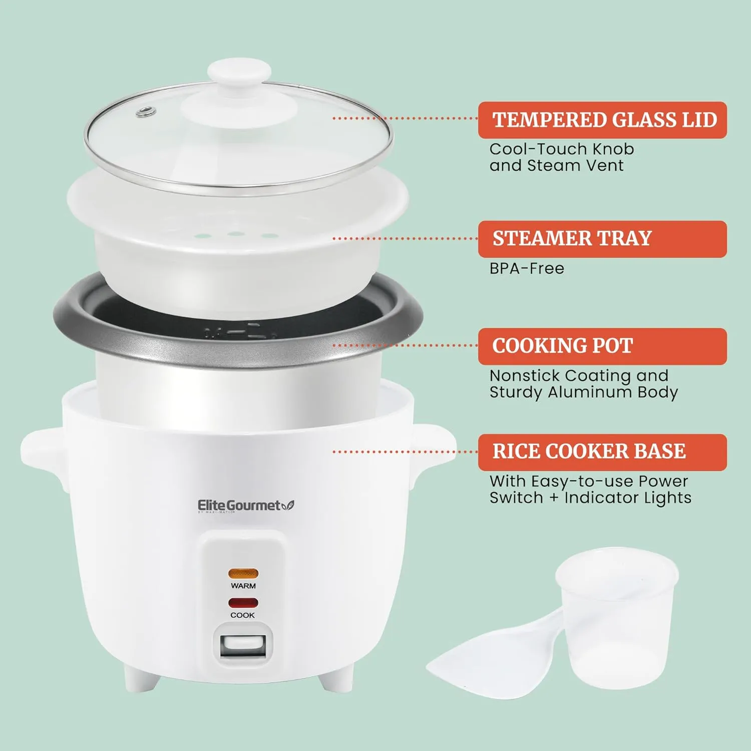 Elite Gourmet ERC-006NST# Electric Rice Cooker with Non Stick Inner Pot Makes Soups, Stews, Grains, Cereals, Keep Warm Feature, 6 Cups, White
