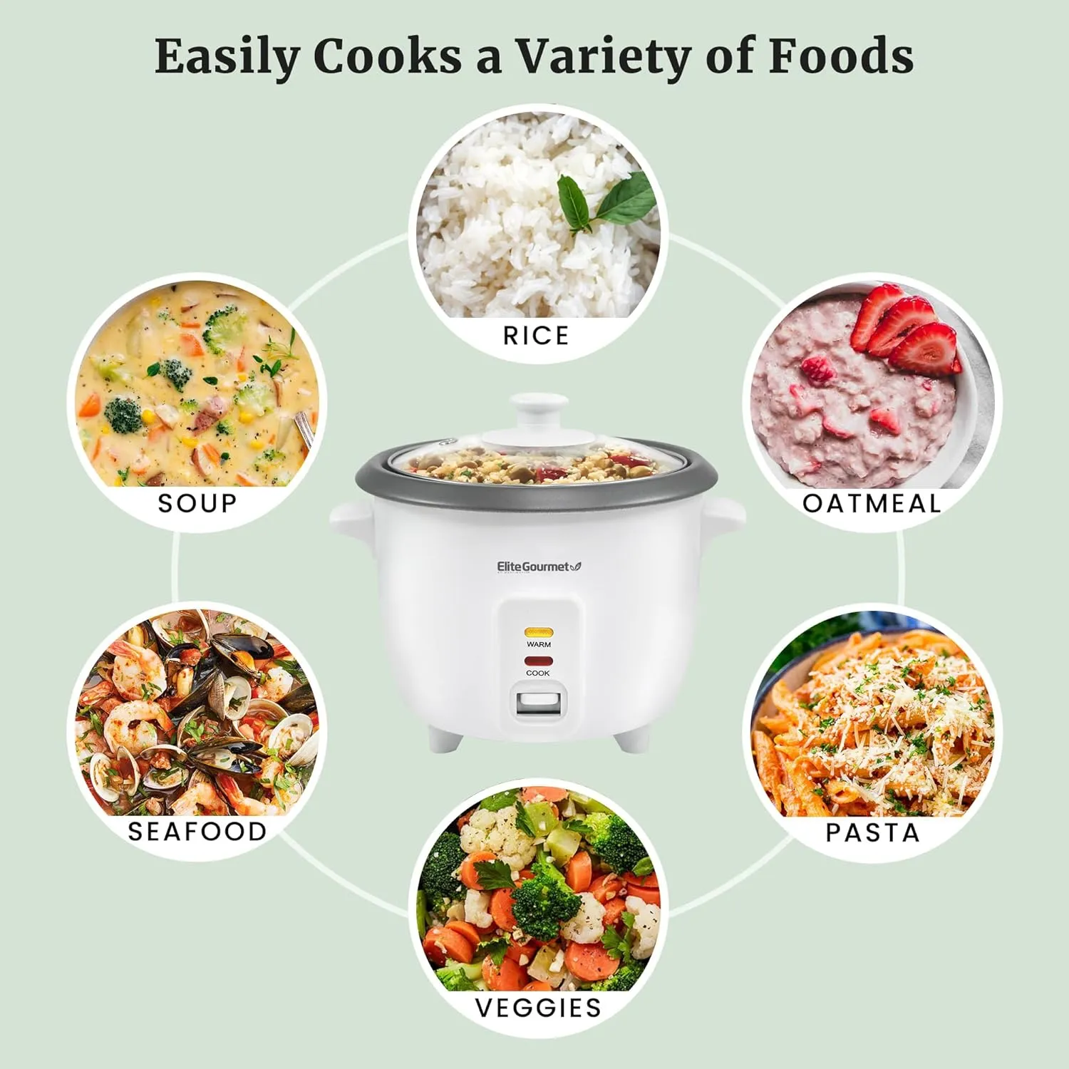 Elite Gourmet ERC-006NST# Electric Rice Cooker with Non Stick Inner Pot Makes Soups, Stews, Grains, Cereals, Keep Warm Feature, 6 Cups, White