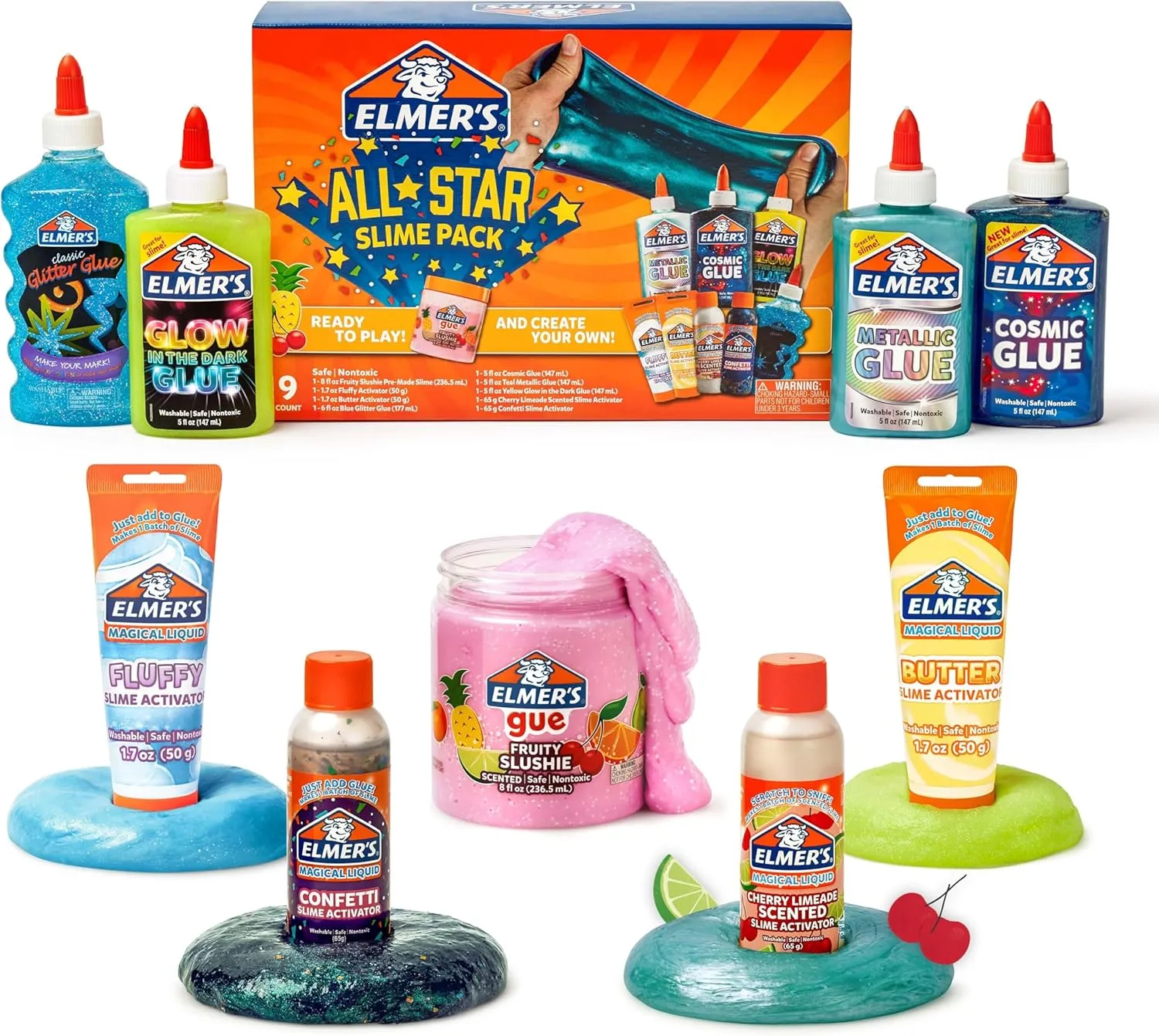 Elmer’s All-Star Slime Kit, Includes Liquid Glue, Slime Activator, and Premade Slime, 9 Count