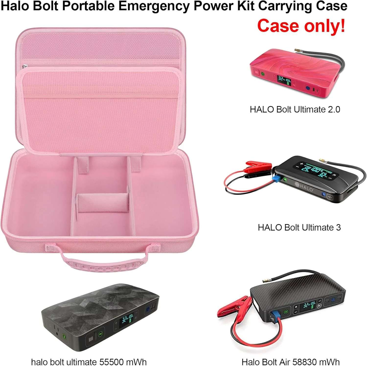 Elonbo Carrying Case for Halo Bolt Ultimate 2.0/ Halo Bolt Ultimate 3.0 Portable Car Battery Jump Starter/ 55500 mwh/Air 58830/ Air   55500/58830/ 44400/57720 Emergency Power Kit Holder, Pink
