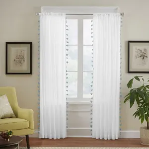 Elrene Home Fashions Bianca Boho Semi-Sheer White Cotton Rod-Pocket Window Curtain Panel with Colorful Side Tassels, 52 inches by 84 inches, Blue