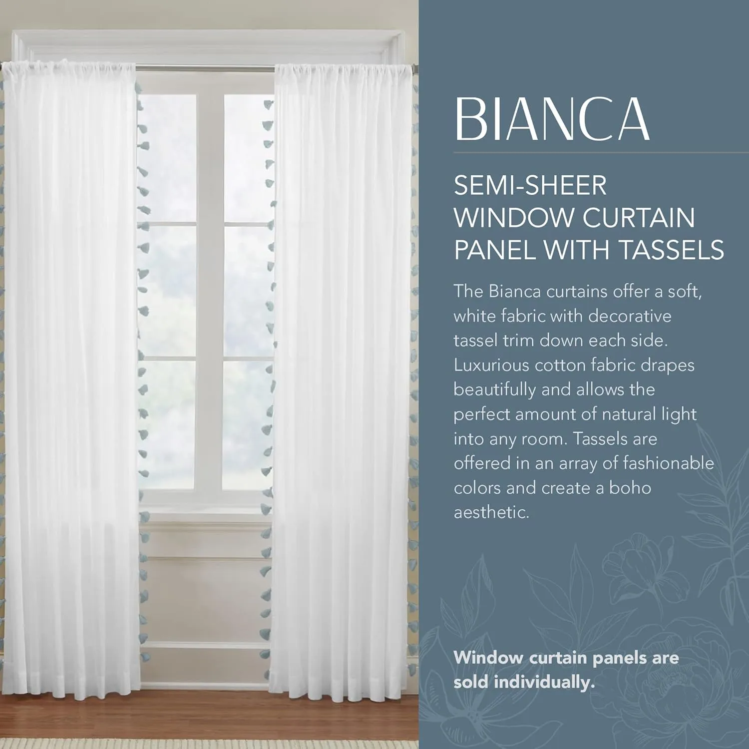 Elrene Home Fashions Bianca Boho Semi-Sheer White Cotton Rod-Pocket Window Curtain Panel with Colorful Side Tassels, 52 inches by 84 inches, Blue