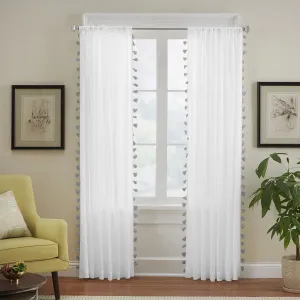 Elrene Home Fashions Bianca Boho Semi-Sheer White Cotton Rod-Pocket Window Curtain Panel with Colorful Side Tassels, 52 inches by 84 inches, Gray