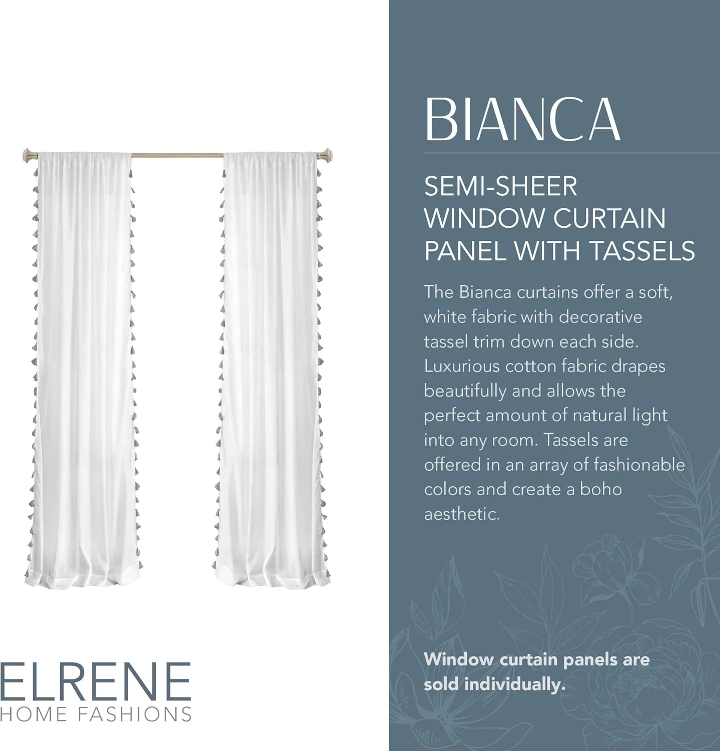 Elrene Home Fashions Bianca Boho Semi-Sheer White Cotton Rod-Pocket Window Curtain Panel with Colorful Side Tassels, 52 inches by 84 inches, Gray