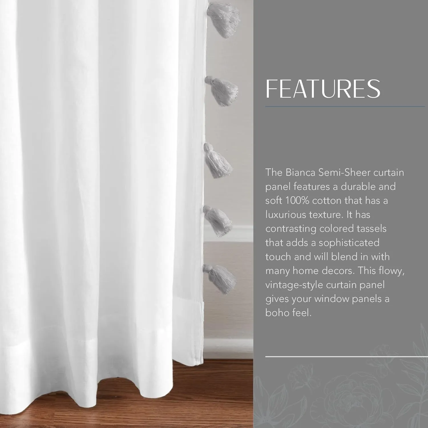 Elrene Home Fashions Bianca Boho Semi-Sheer White Cotton Rod-Pocket Window Curtain Panel with Colorful Side Tassels, 52 inches by 84 inches, Gray