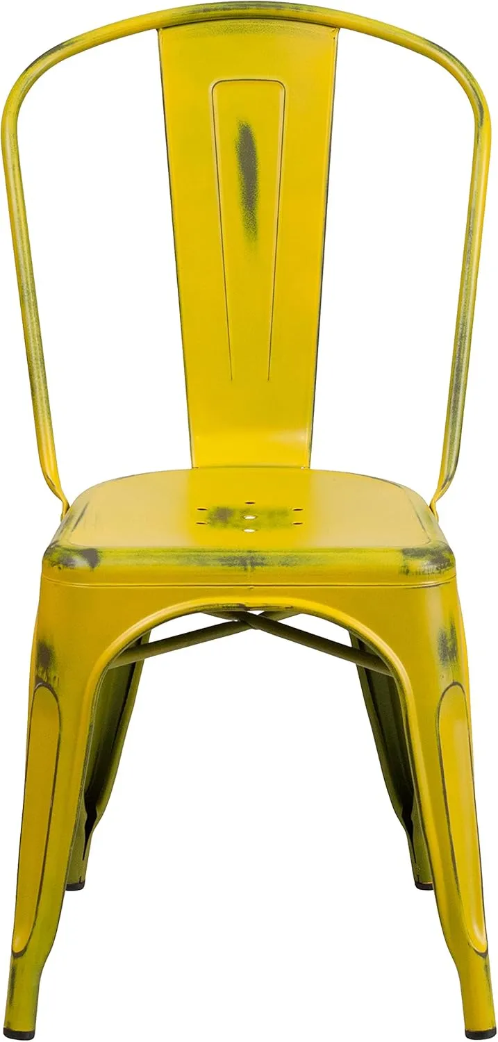 EMMA   OLIVER Commercial Grade Distressed Yellow Metal Indoor-Outdoor Stackable Chair