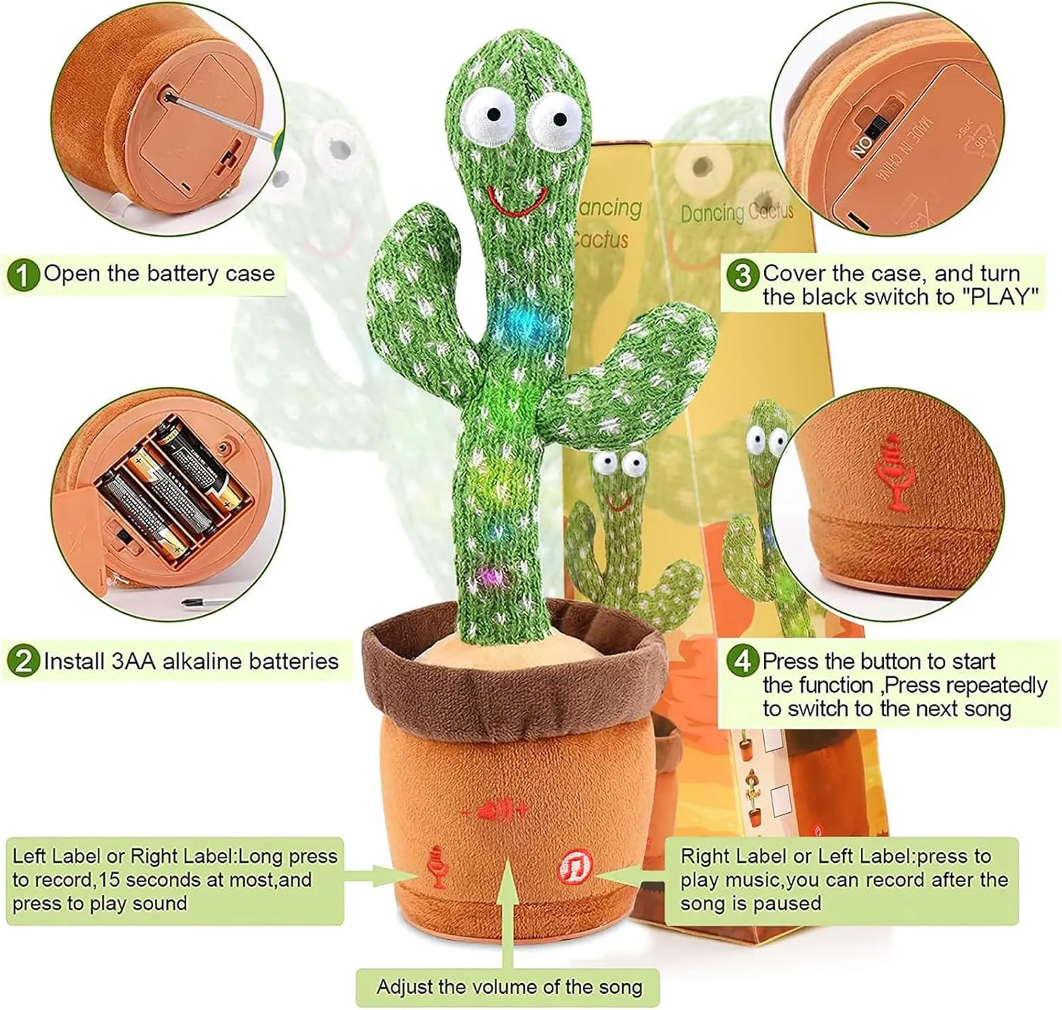 Emoin [Adjustable Volume Control] Dancing Cactus Toy Baby Toys 6 to 12 Month, Baby Toys Dancing Talking Cactus for Boys Girls Talking Cactus Toy Repeats What You Say Mimicking Cactus Toy for Babies
