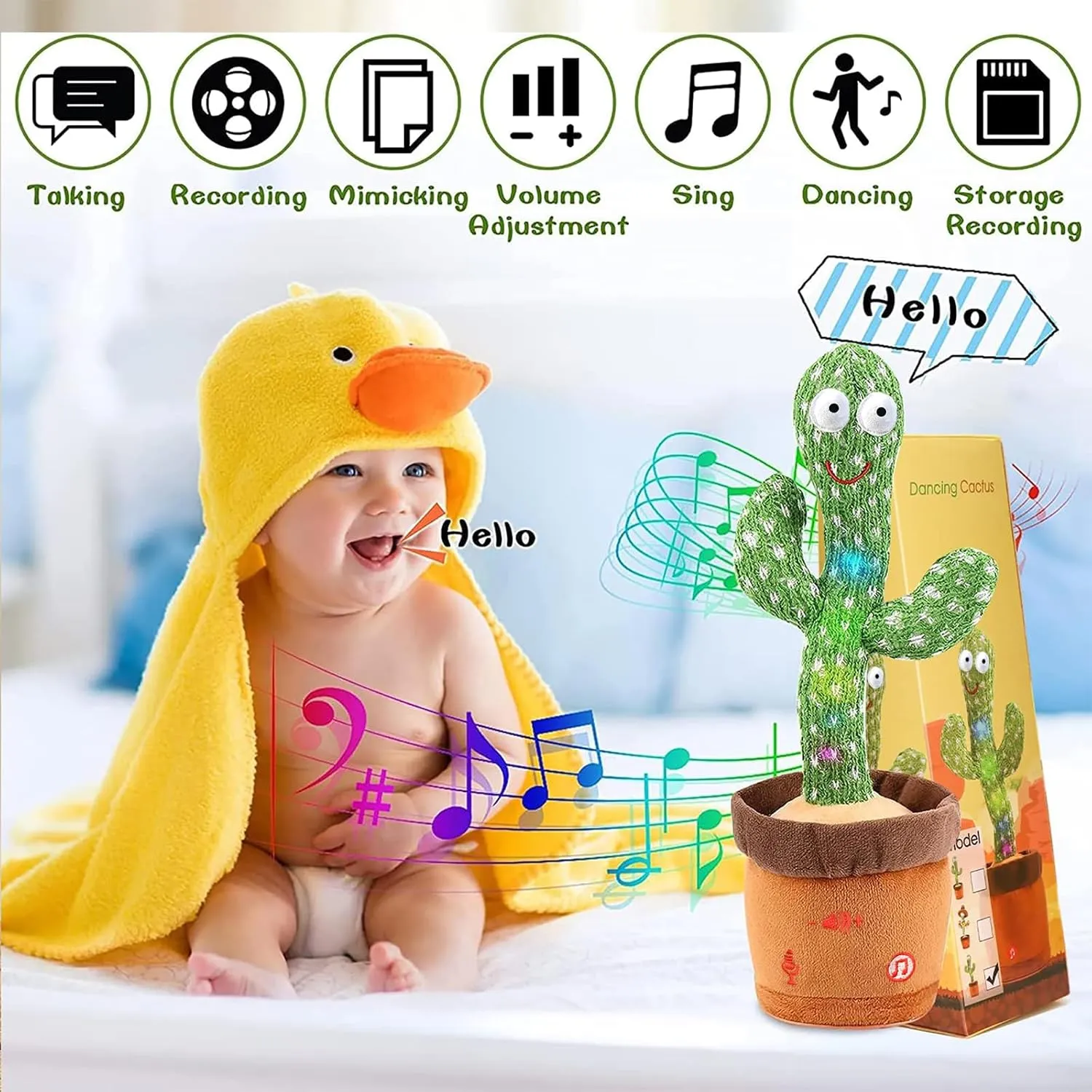 Emoin [Adjustable Volume Control] Dancing Cactus Toy Baby Toys 6 to 12 Month, Baby Toys Dancing Talking Cactus for Boys Girls Talking Cactus Toy Repeats What You Say Mimicking Cactus Toy for Babies