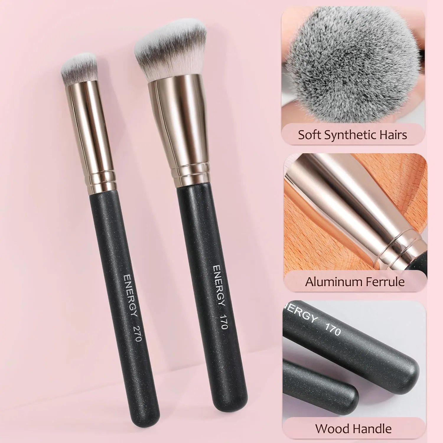 ENERGY Makeup Brush Set - 8PCS Professional Makeup Brushes for Foundation, Concealer, Eyeshadow, Blending, Contour, Powder, Eyeliner, Vegan Synthetic Fiber, Portable Travel Kit with Case (Black)